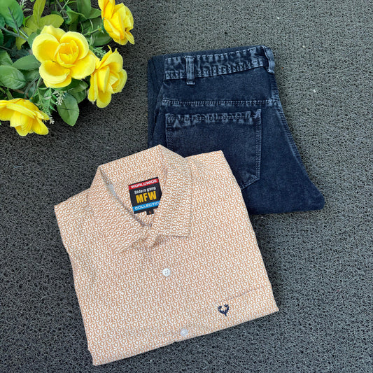 MFW Printed Shirts & Mom Fit Jeans random colours Combo – ₹449 Only("Pick your shirt color, pant’s a surprise!")