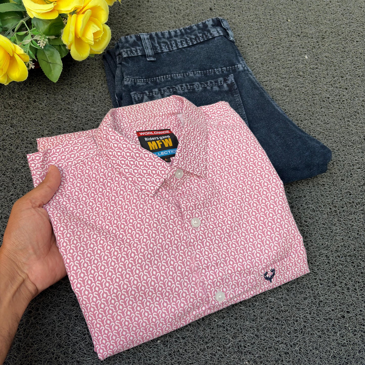 MFW Printed Shirts & Mom Fit Jeans random colours Combo – ₹449 Only("Pick your shirt color, pant’s a surprise!")
