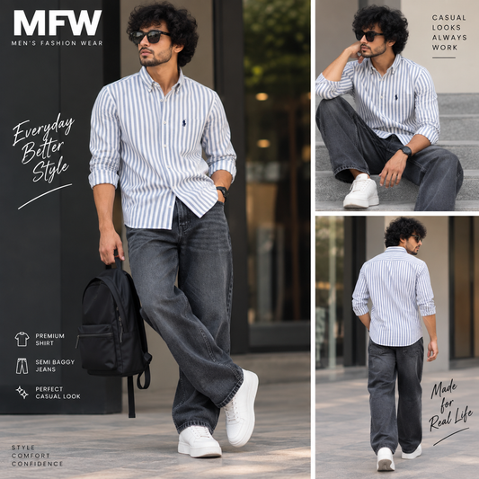 2 in 1 combo MFW stripes shirts + Semi baggy jeans pant buy @600 rs only