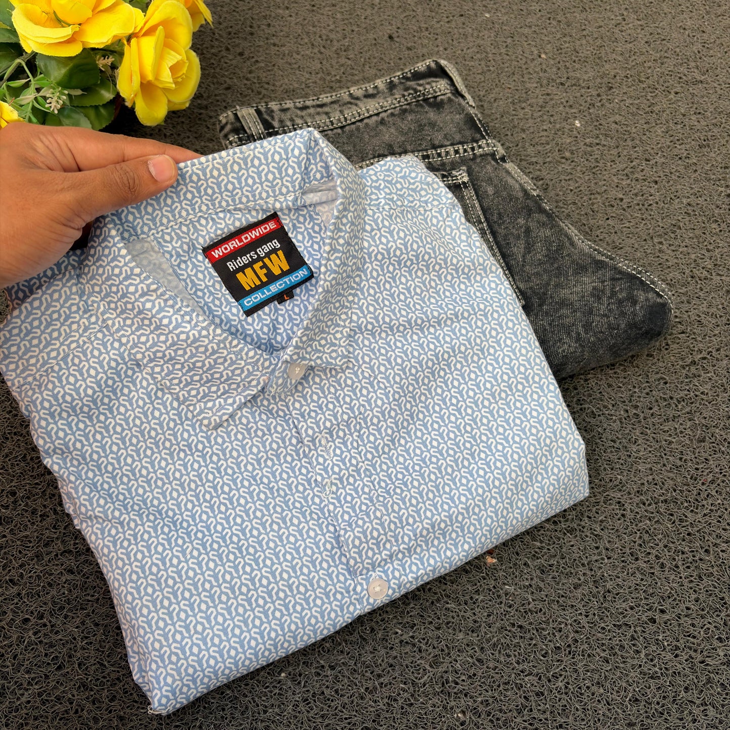 MFW Printed Shirts & Mom Fit Jeans random colours Combo – ₹449 Only("Pick your shirt color, pant’s a surprise!")